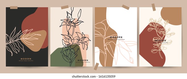 Set modern floral poster. Outline flower and plant. Pastel spots