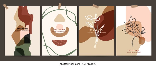 Set modern floral poster. Outline flower and plant. Pastel spots