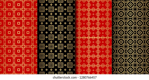 Set Of Modern Floral Seamless Pattern. Decorative Texture For Wallpaper, Invitation, Fabric. Vector Illustration. Color. Red color.