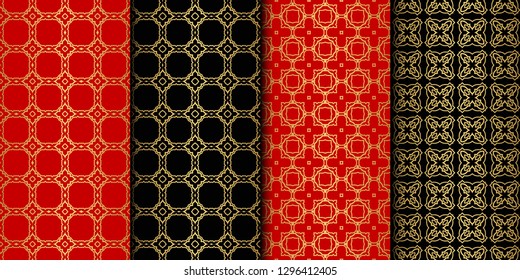 Set Of Modern Floral Seamless Pattern. Decorative Texture For Wallpaper, Invitation, Fabric. Vector Illustration. Color. Red color.
