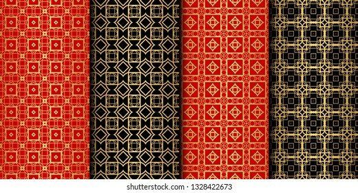 Set Of Modern Floral Seamless Pattern. Decorative Texture For Wallpaper, Invitation, Fabric. Vector Illustration. Color. Red color.