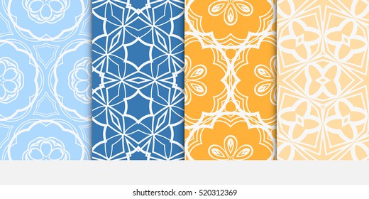 set of modern floral seamless pattern. vector. blue, orange color. for design invitation, interior wallpaper, cover card