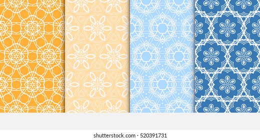 set of modern floral seamless pattern. vector. blue, orange color. for design invitation, interior wallpaper, cover card