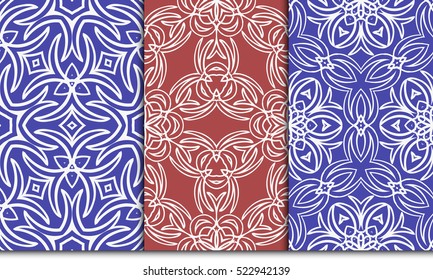 set of modern floral seamless pattern. geometric line and shape. vector illustration. red, green, blue color. for interior design, wallpaper, paper fill