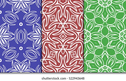 set of modern floral seamless pattern. geometric line and shape. vector illustration. red, green, blue color. for interior design, wallpaper, paper fill