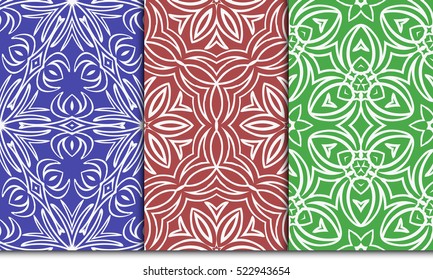 set of modern floral seamless pattern. geometric line and shape. vector illustration. red, green, blue color. for interior design, wallpaper, paper fill