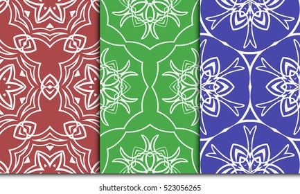 set of modern floral seamless pattern. geometric line and shape. vector illustration. red, green, blue color. for interior design, wallpaper, paper fill