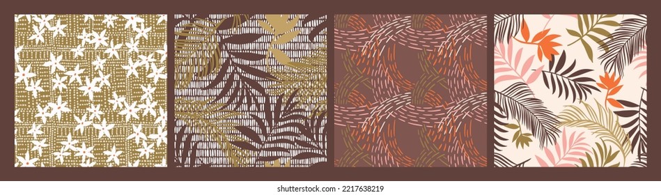 Set of modern floral seamless patterns. Tropical exotic leaves and small cute daisy flowers collection with abstract geometric textures. Botanical prints. Floral silhouettes. Bundle of summer motifs.