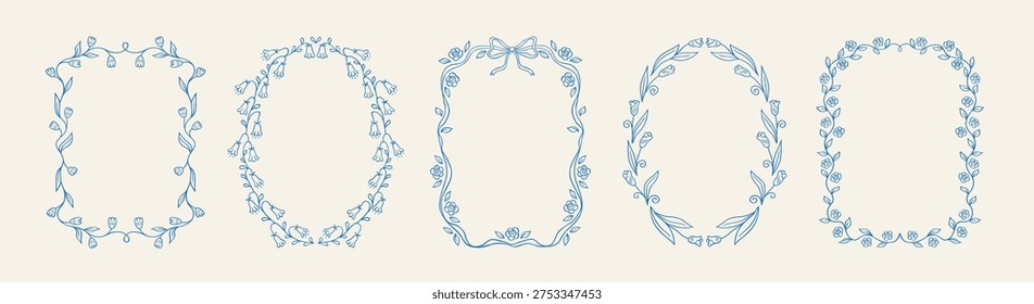Set of modern floral spring hand drawn frame with beautiful flowers, bow and ribbons in whimsical blue lines. Collection vintage elegant vector border perfect for wedding, invitation, greeting cards.