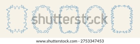 Set of modern floral spring hand drawn frame with beautiful flowers, bow and ribbons in whimsical blue lines. Collection vintage elegant vector border perfect for wedding, invitation, greeting cards.