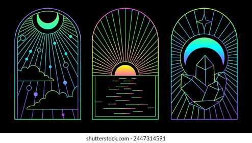 Set of modern flourescent magic witchcraft cards with sun and moon. Line art occult vector illustration