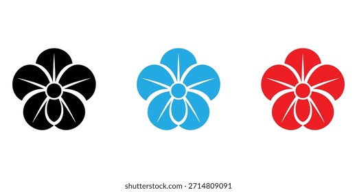 Set of modern flower logos in black, blue, and red colors