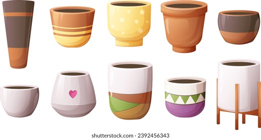 Montaje de macetas de flores modernas y planetas de colores blancos, marrones y negros. Ilustración vectorial en estilo de caricatura