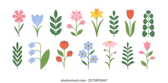 Set of modern flowers and leaves in flat geometric style. Collection floral icons in folk style. Perfect for poster, card, print for spring summer holiday, Easter, Mother's day. Vector illustration.