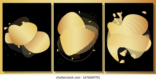 Set of modern flowing gold liquid background. Dynamical golden graphic elements, abstract banners with gradient. Vector template for poster, flyer and other print.