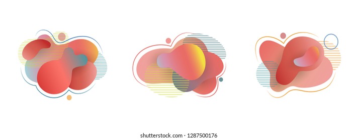Set of modern fluid gradient elements with lines in living coral tones. For minimal banner, logo, flyer, brochure, presentation, social post. Futuristic trendy dynamic elements. Abstract background
