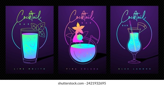 Set of modern fluorescent cocktail party posters with cocktails in different types of glasses. Cocktail menu design. Vector illustration