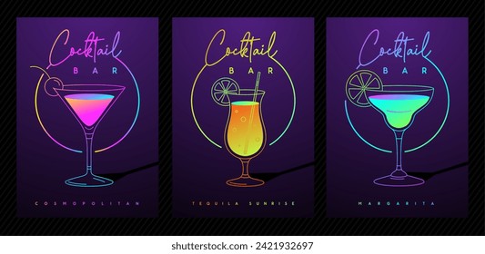 Set of modern fluorescent cocktail party posters with cocktails in different types of glasses. Cocktail menu design. Vector illustration