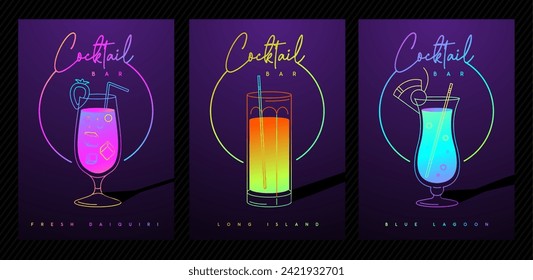 Set of modern fluorescent cocktail party posters with cocktails in different types of glasses. Cocktail menu design. Vector illustration