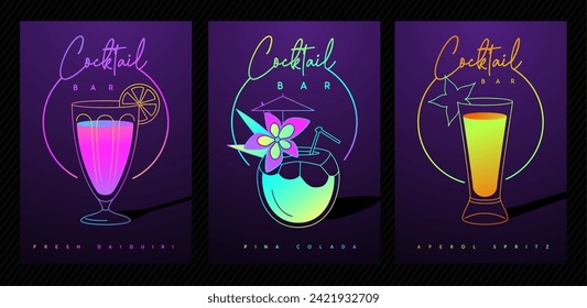 Set of modern fluorescent cocktail party posters with cocktails in different types of glasses. Cocktail menu design. Vector illustration