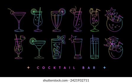 Set of modern fluorescent line art cocktails in different types of glasses. Cocktail menu design. Vetor illustration