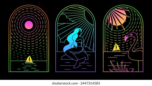 Conjunto de iconos de verano de arte fluorescente moderno con sirena, flamenco y barco. Conjunto de carteles de verano. Ilustración vectorial