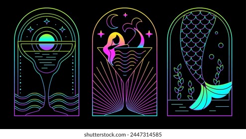 Set of modern fluorescent line art summer icons with mermaid and cocktail. Set of summer posters. Vector illustration