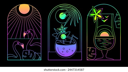 Set of modern fluorescent line art summer icons with pina colada cocktail, flamingo and sun. Set of summer posters. Vector illustration