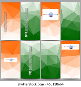 Set of modern flyers. Background for Happy Indian Independence Day celebration with Ashoka wheel and national flag colors, vector illustration.