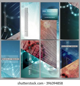 Set of modern flyers. DNA molecule structure on dark green background. Science vector background