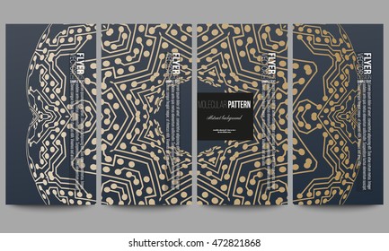 Set of modern flyers. Golden microchip pattern, abstract template with connecting dots and lines, connection structure. Digital scientific vector background