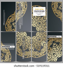 Set of modern flyers. Golden microchip pattern on dark background with connecting dots and lines, connection structure. Digital scientific vector