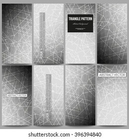 Set of modern flyers. Sacred geometry, triangle design gray background. Abstract vector illustration