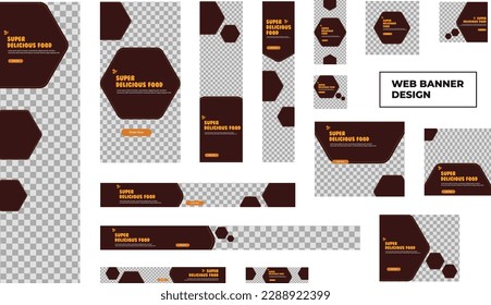 Set of modern food web banners in standard size with a place for photos. Food ad banner cover header background for website design, Social media cover ads banner template.