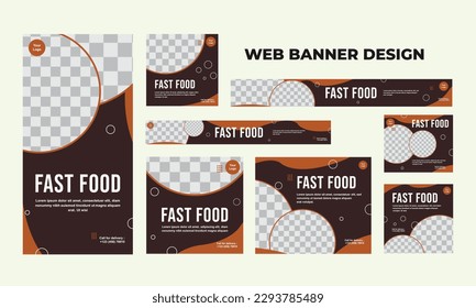 Banners modernos de la web de comida en tamaño estándar con un lugar para las fotos. Fondo del encabezado de la portada de los pancartas y alimentos para el diseño de sitios web, plantilla de banner de anuncios de portada de medios sociales.
