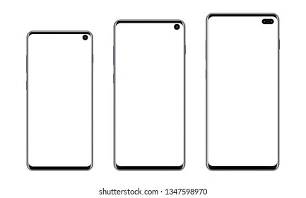 Set of modern frameless smartphones with blank screens isolated on white background. Vector illustration