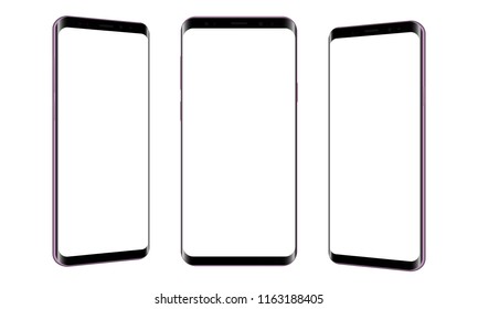 Set of modern frameless smartphones isolated on white background. Cellphones with front and side views. Vector illustration