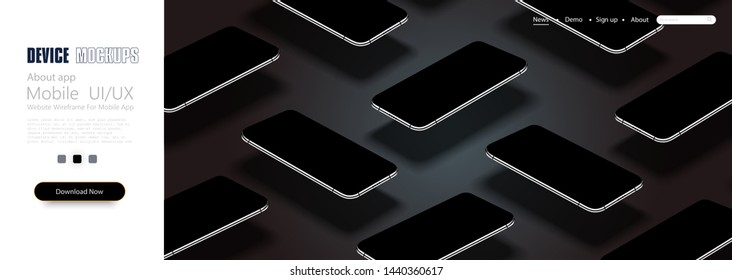 Set of modern frameless smartphones isolated on white background. Side and top and isometric view. Mockup generic device. Vector illustration. Set black phone