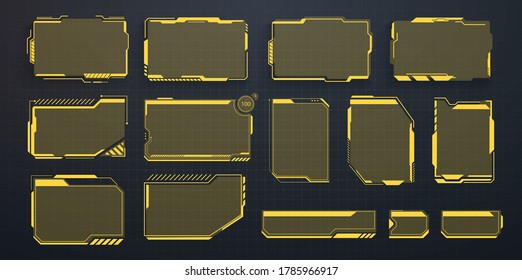 A set of modern frames, callouts for user menu interface elements in futuristic HUD style. Good for game UI/UX. Information box bars and modern digital info frame layout templates. Vector Illustration