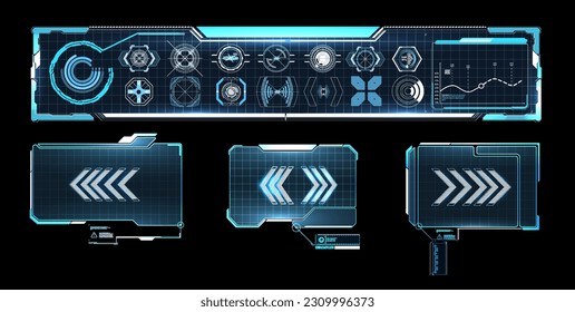 Set of modern frames, callouts for user menu interface elements in futuristic style. Game futuristic digital display, hud tech future frame. Information box bars, modern digital frame layout template