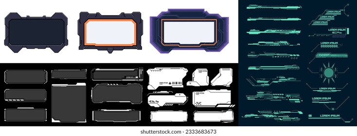 A set of modern frames, callouts for user menu interface elements in futuristic HUD style. Vector cartoon set of user interface elements with blue and black border isolated on background