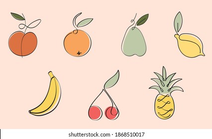 Conjunto de iconos de frutas modernas. Una ilustración de dibujo de línea continua. Naranja, melocotón, pera, limón, plátano, cerezo y piña boceto minimalista para logotipo, carteles, arte mural