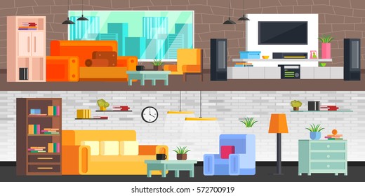Set of modern furniture interior living room: sofa, wardrobe, TV, kalonki, table, window, chair, flowers, light. Vector illustration of a modern orthogonal design.