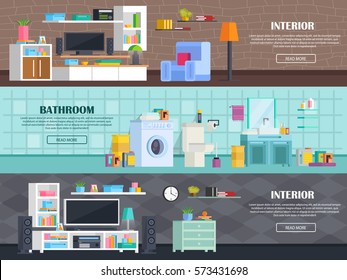 A set of modern furniture interior living room, bathroom, office. Modern furniture: bed, wardrobe, chair, TV, table,chair,computer,washing machine,bathroom,toilet,mirror. In today's orthogonal design.