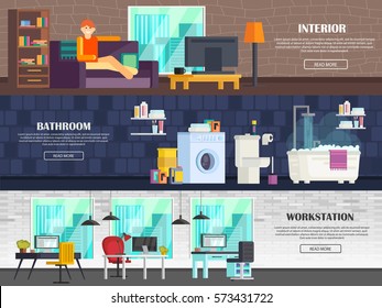 A set of modern furniture interior living room, bathroom, office. Modern furniture: bed, wardrobe, chair, TV, table,chair,computer,washing machine,bathroom,toilet,mirror. In today's orthogonal design.