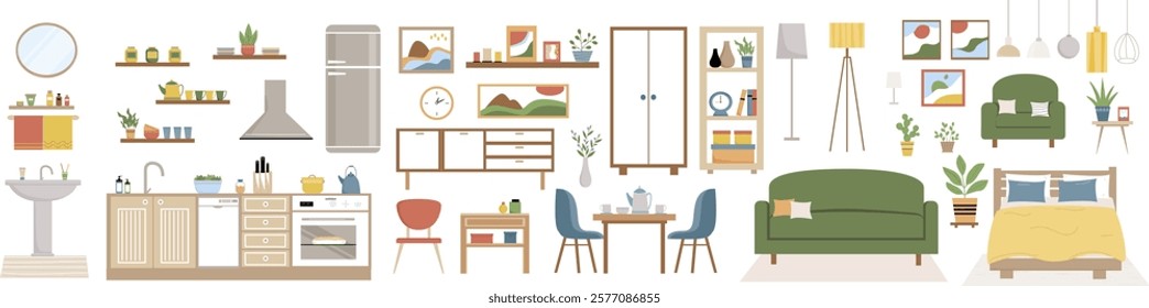 Set of modern furniture. Furniture for living room, bedroom, kitchen. Sofa, armchair, table, balcony, rack, home plants, table, decoration. Vector illustration.