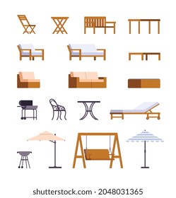 Set of modern furniture for relaxing at garden or patio, backyard or terrace at summer season. Various types of tables and chairs, sofas and barbecue grills, umbrellas. Vector.