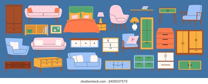 Set of modern furniture in scandinavian style. Sofa, table, wardrobe, armchair, chest of drawers.