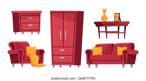 Set of modern furniture vector illustration isolated on white background. Cartoon house interior design. Vase and photo frame on table, armchair, sofa, wardrobe, nightstand. Household equipment.