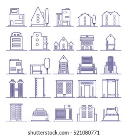 Set of modern futuristic building icons outline. Buildings and houses in minimalist line icon.